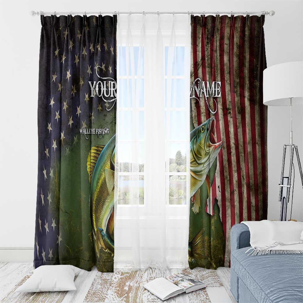 Personalized Walleye Fishing Window Curtain American Flag Background and Green Grunge Style Design - Wonder Print Shop