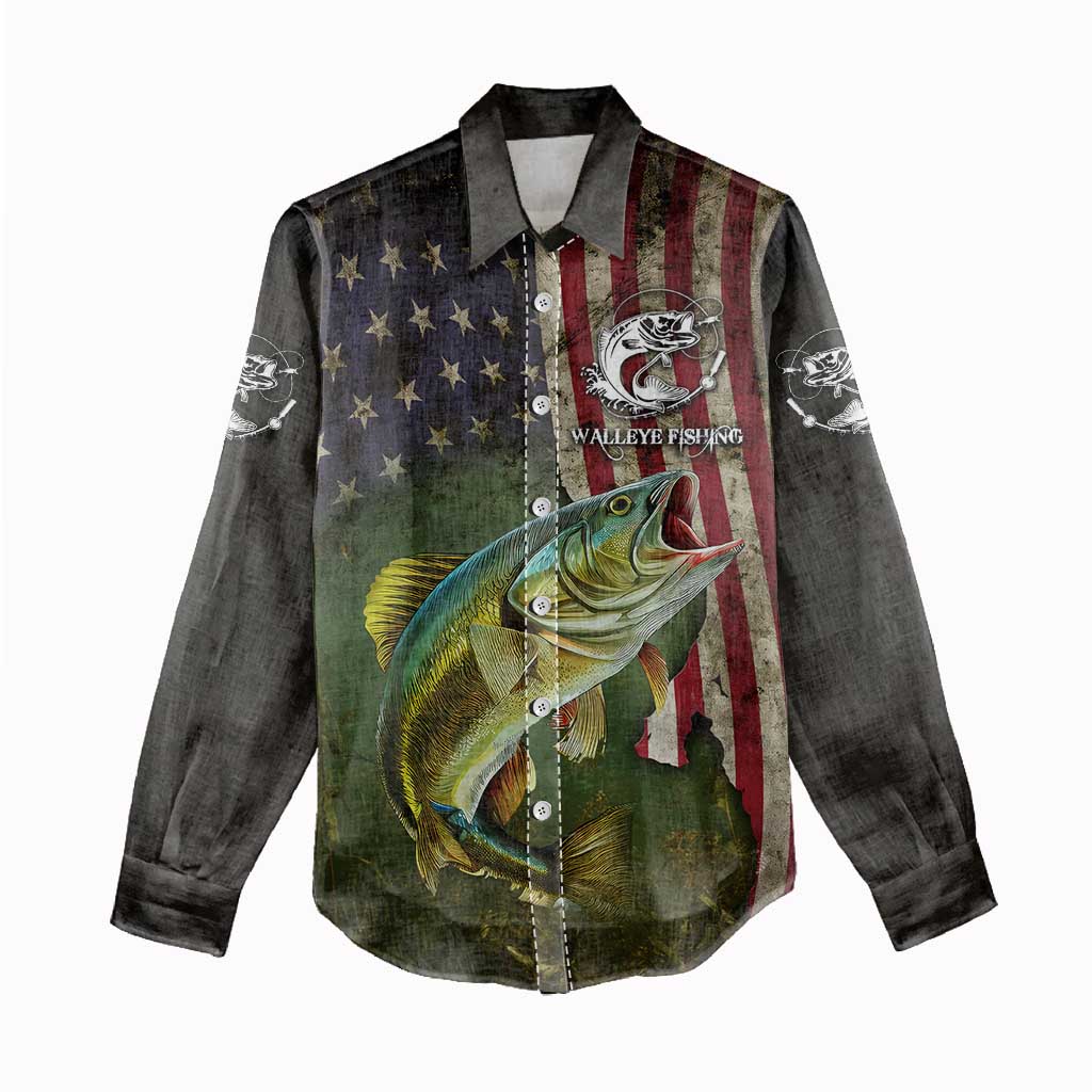 Personalized Walleye Fishing Women Casual Shirt American Flag Background and Green Grunge Style Design - Wonder Print Shop