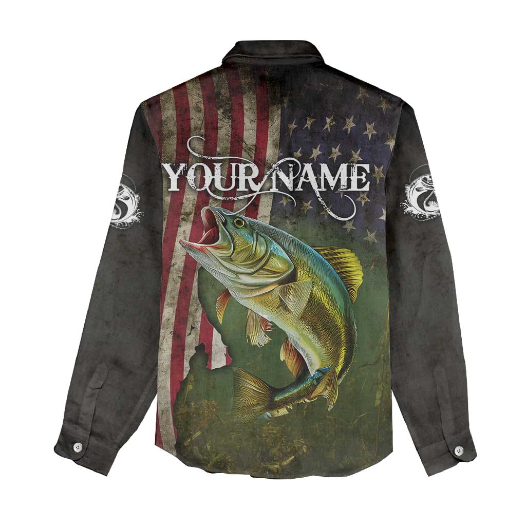 Personalized Walleye Fishing Women Casual Shirt American Flag Background and Green Grunge Style Design - Wonder Print Shop
