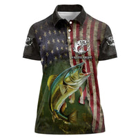 Personalized Walleye Fishing Women Polo Shirt American Flag Background and Green Grunge Style Design - Wonder Print Shop