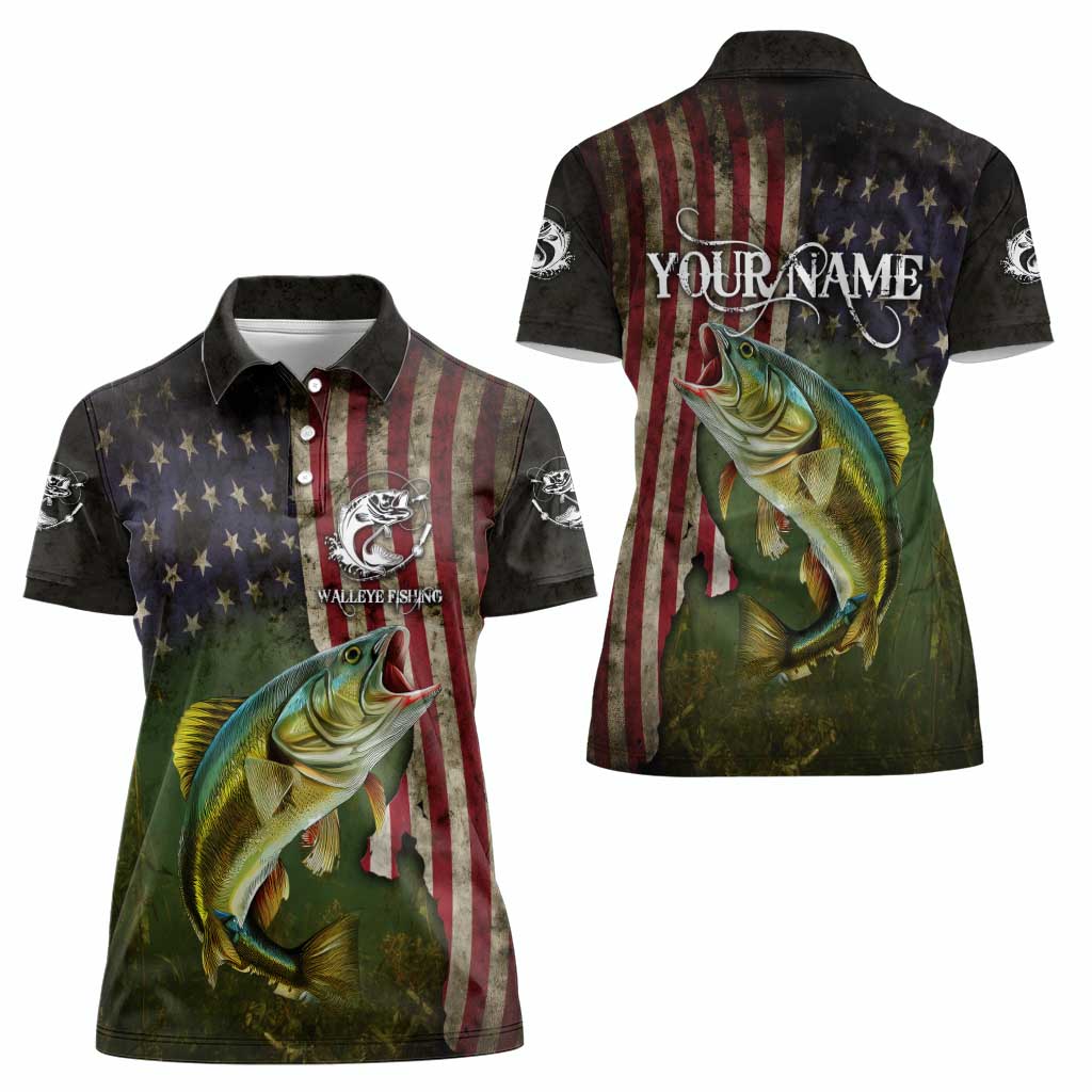 Personalized Walleye Fishing Women Polo Shirt American Flag Background and Green Grunge Style Design - Wonder Print Shop