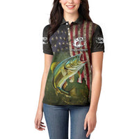 Personalized Walleye Fishing Women Polo Shirt American Flag Background and Green Grunge Style Design - Wonder Print Shop