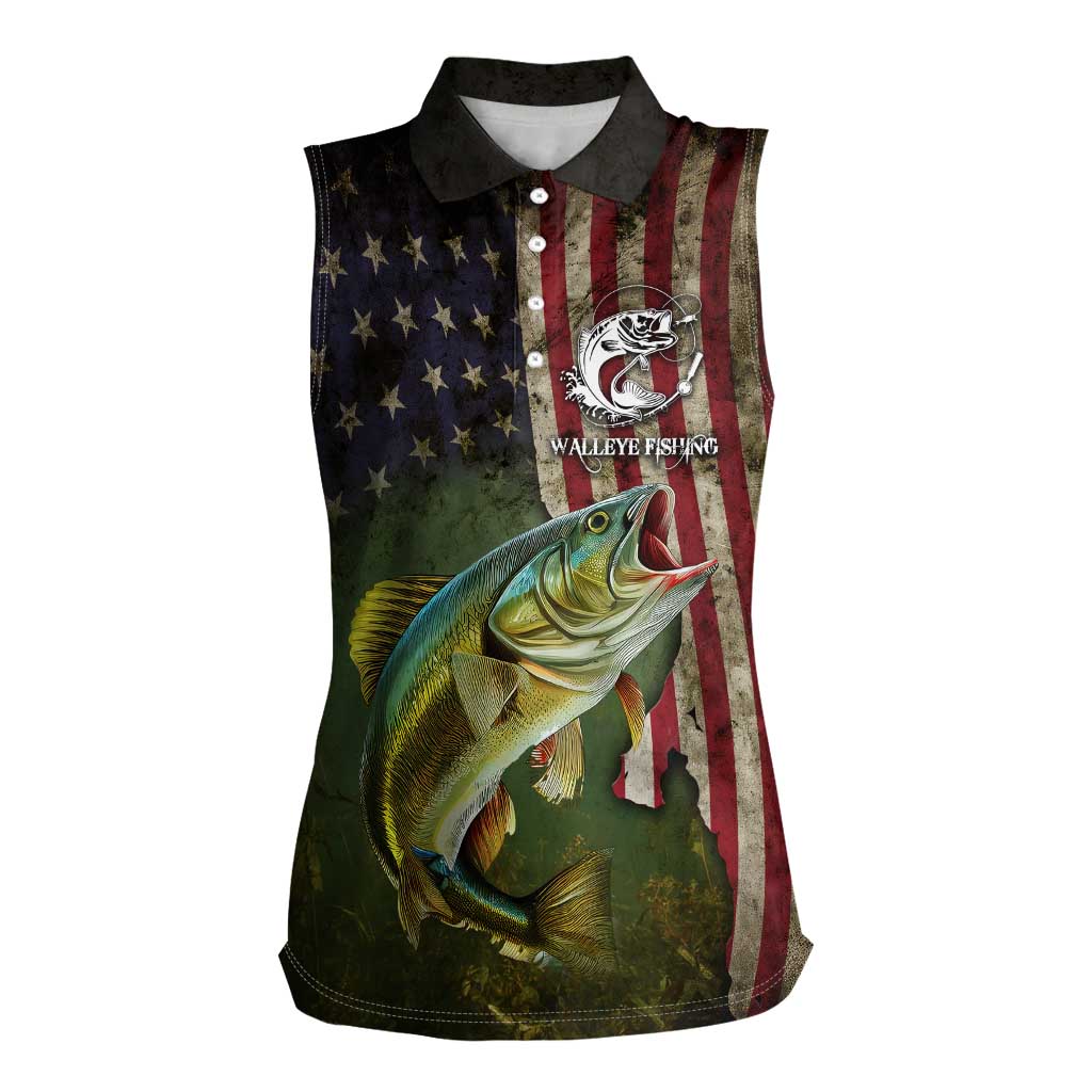 Personalized Walleye Fishing Women Sleeveless Polo Shirt American Flag Background and Green Grunge Style Design - Wonder Print Shop