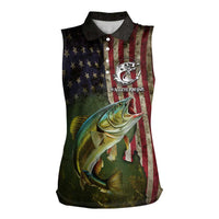 Personalized Walleye Fishing Women Sleeveless Polo Shirt American Flag Background and Green Grunge Style Design - Wonder Print Shop