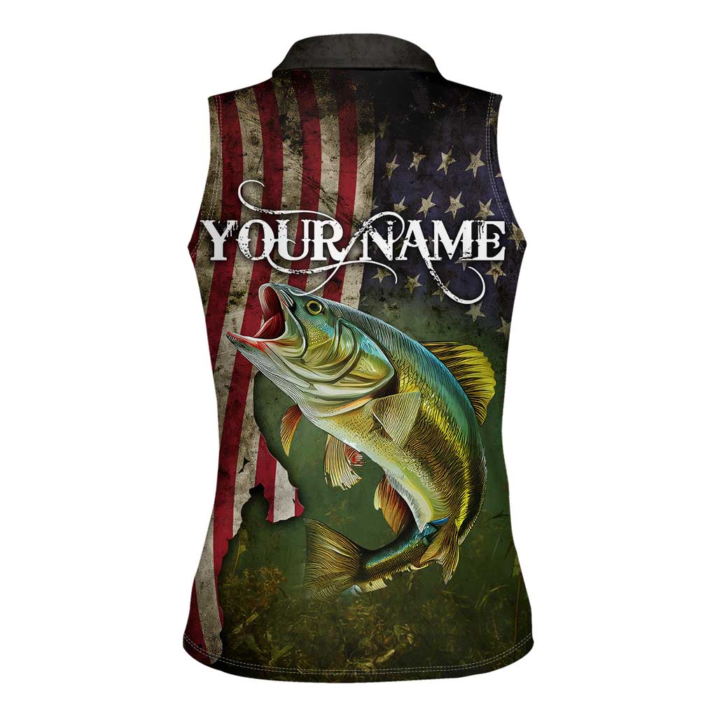 Personalized Walleye Fishing Women Sleeveless Polo Shirt American Flag Background and Green Grunge Style Design - Wonder Print Shop