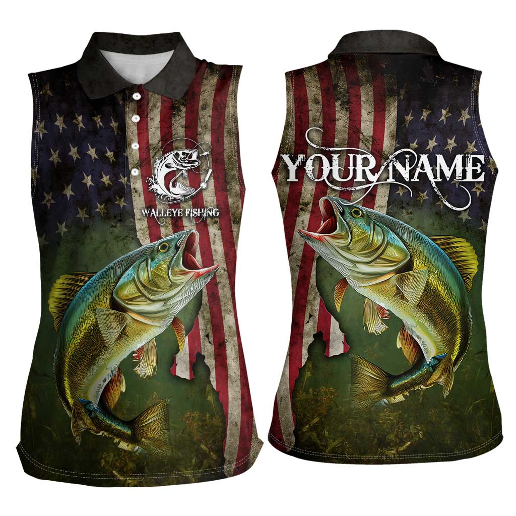 Personalized Walleye Fishing Women Sleeveless Polo Shirt American Flag Background and Green Grunge Style Design - Wonder Print Shop
