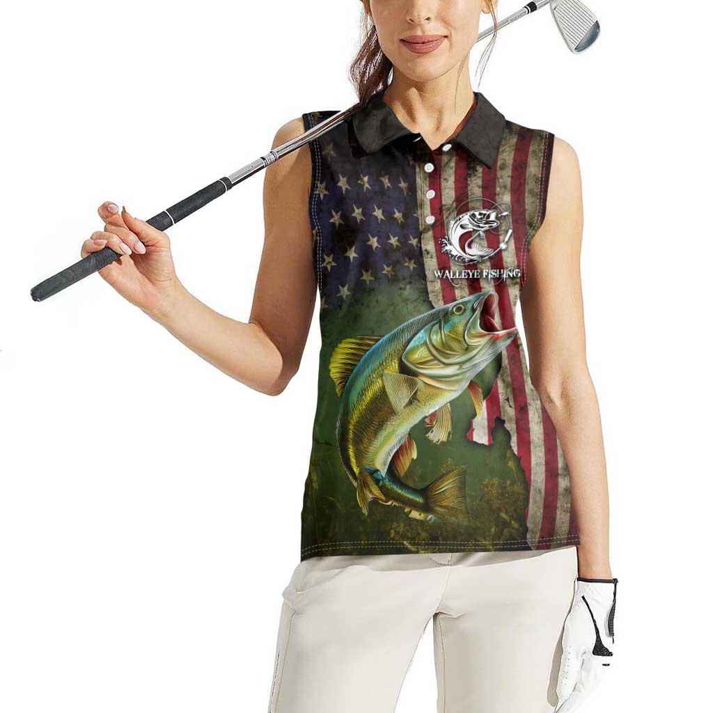 Personalized Walleye Fishing Women Sleeveless Polo Shirt American Flag Background and Green Grunge Style Design - Wonder Print Shop