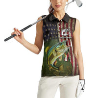 Personalized Walleye Fishing Women Sleeveless Polo Shirt American Flag Background and Green Grunge Style Design - Wonder Print Shop