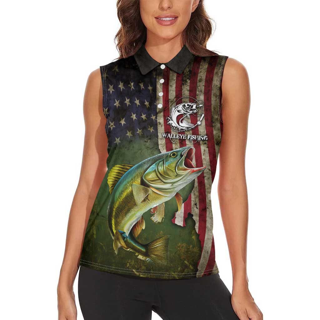Personalized Walleye Fishing Women Sleeveless Polo Shirt American Flag Background and Green Grunge Style Design - Wonder Print Shop