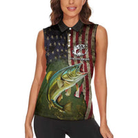 Personalized Walleye Fishing Women Sleeveless Polo Shirt American Flag Background and Green Grunge Style Design - Wonder Print Shop
