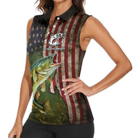 Personalized Walleye Fishing Women Sleeveless Polo Shirt American Flag Background and Green Grunge Style Design - Wonder Print Shop