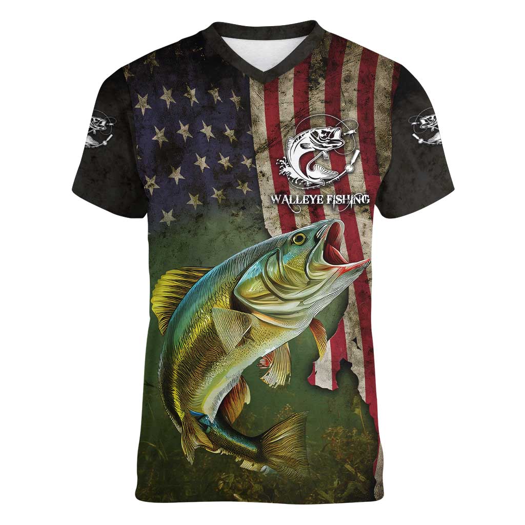 Personalized Walleye Fishing Women V-Neck T-Shirt American Flag Background and Green Grunge Style Design - Wonder Print Shop