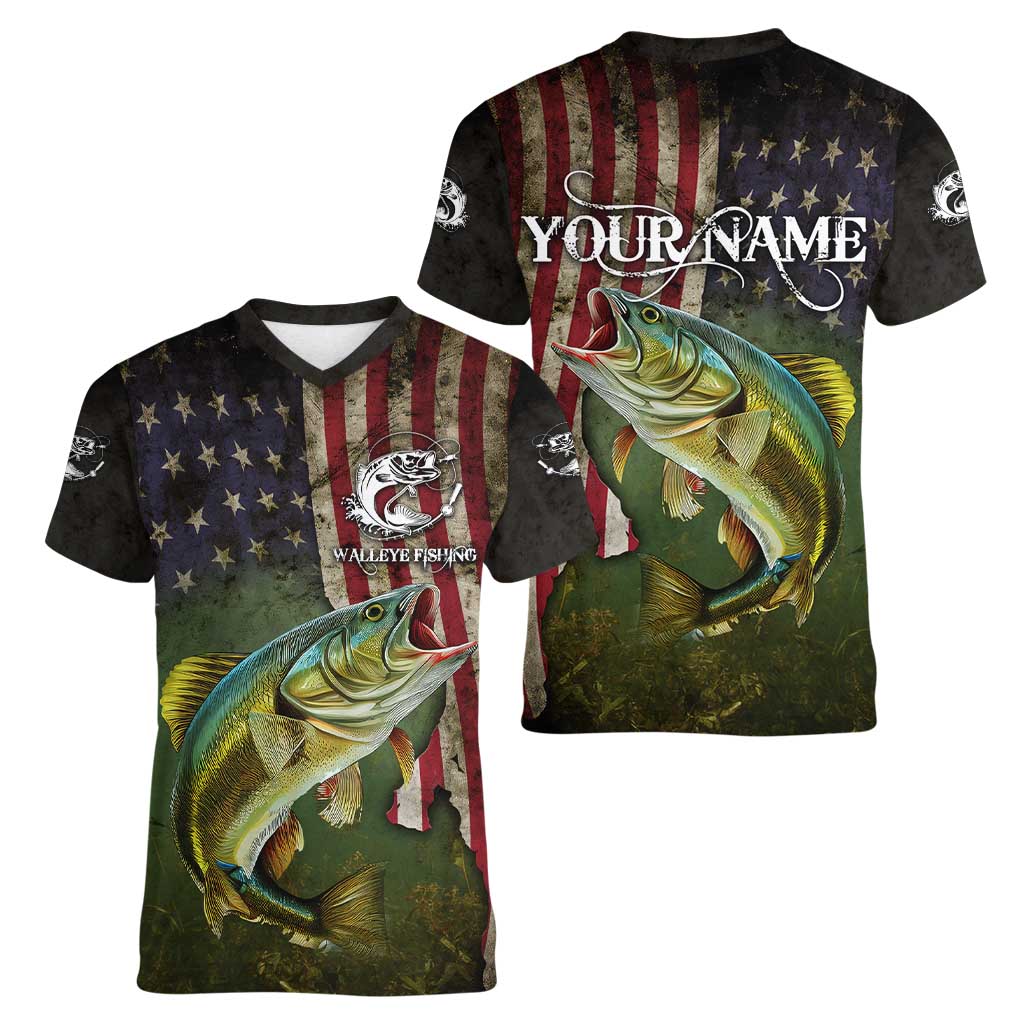 Personalized Walleye Fishing Women V-Neck T-Shirt American Flag Background and Green Grunge Style Design - Wonder Print Shop