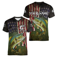 Personalized Walleye Fishing Women V-Neck T-Shirt American Flag Background and Green Grunge Style Design - Wonder Print Shop
