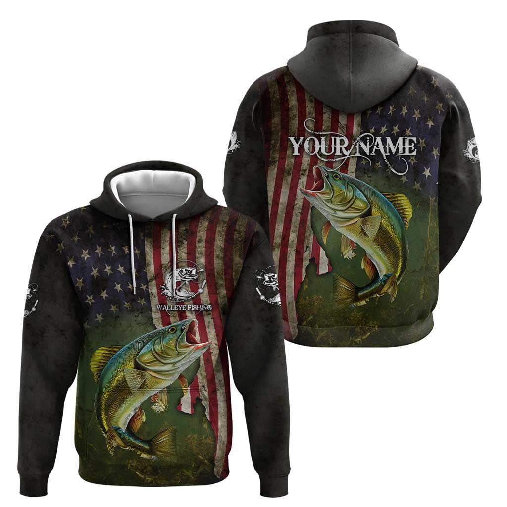 Personalized Walleye Fishing Zip Hoodie American Flag Background and Green Grunge Style Design - Wonder Print Shop