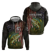 Personalized Walleye Fishing Zip Hoodie American Flag Background and Green Grunge Style Design - Wonder Print Shop