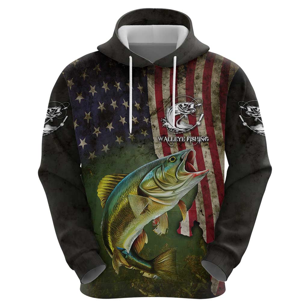 Personalized Walleye Fishing Zip Hoodie American Flag Background and Green Grunge Style Design - Wonder Print Shop