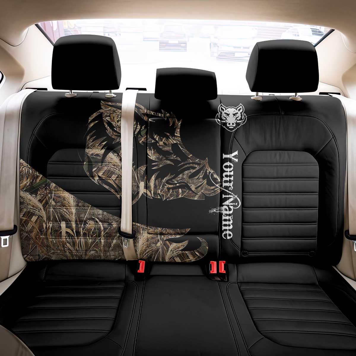 Personalized Boar Hunting Camouflage Back Car Seat Cover Wild Hog Silhouette and Black Tactical Camo - Wonder Print Shop