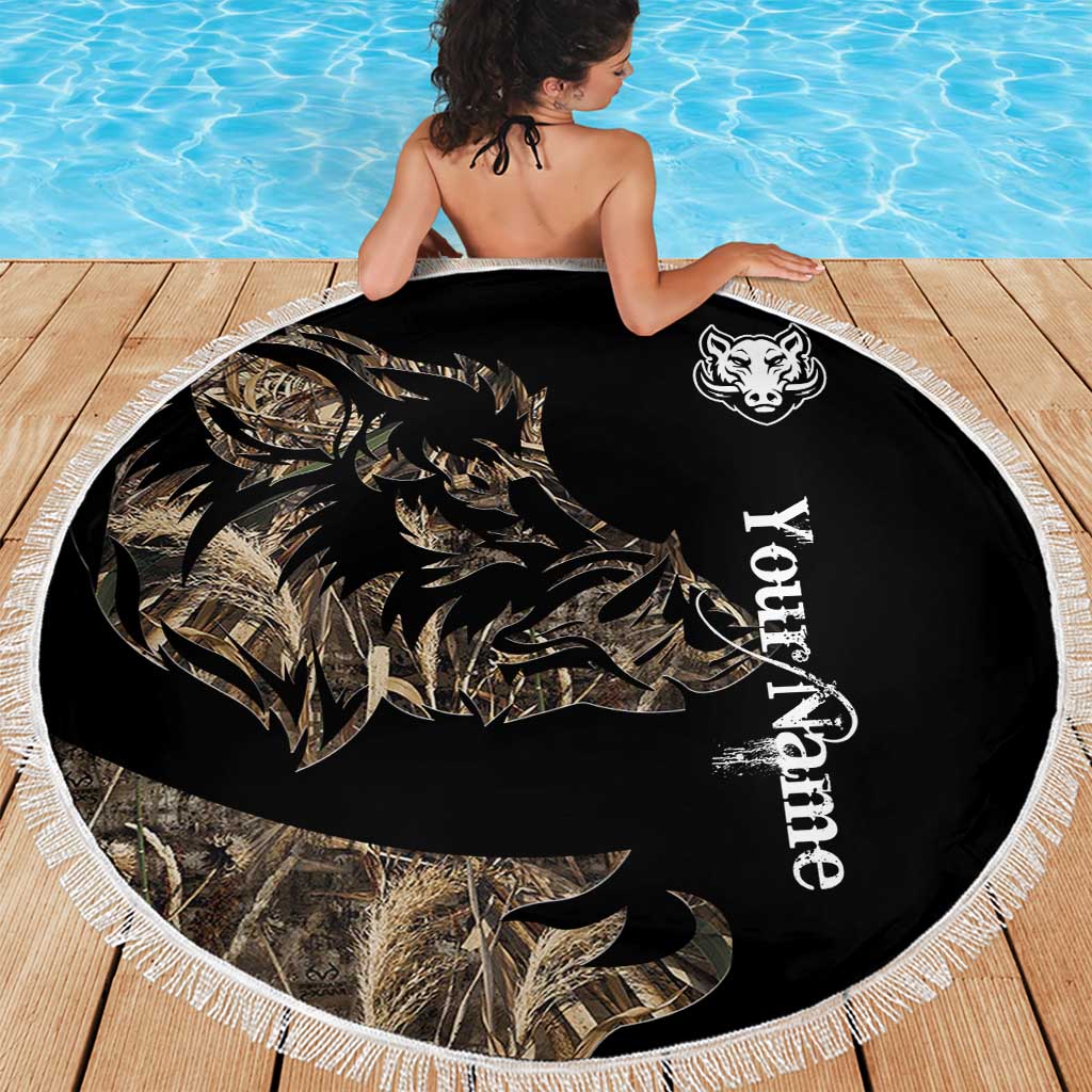 Personalized Boar Hunting Camouflage Beach Blanket Wild Hog Silhouette and Black Tactical Camo - Wonder Print Shop