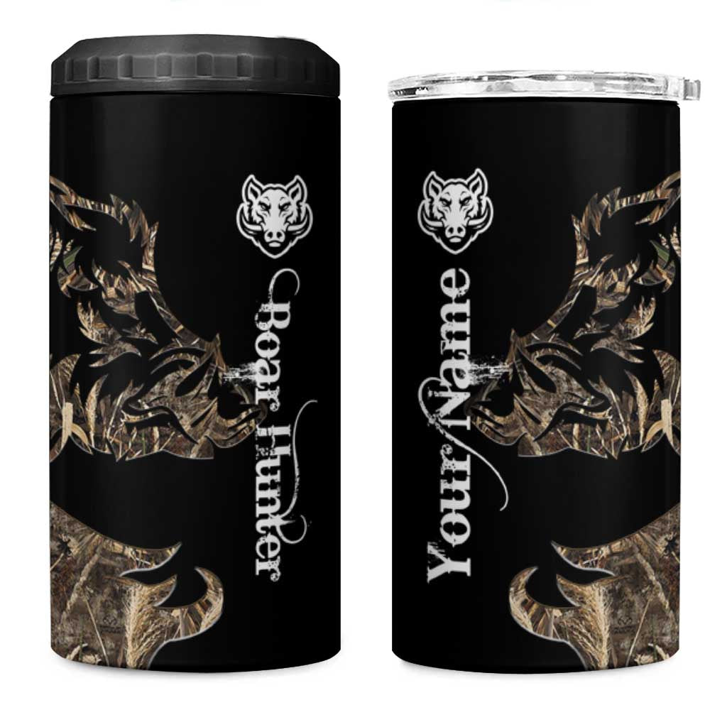 Personalized Boar Hunting Camouflage 4 in 1 Can Cooler Tumbler Wild Hog Silhouette and Black Tactical Camo - Wonder Print Shop