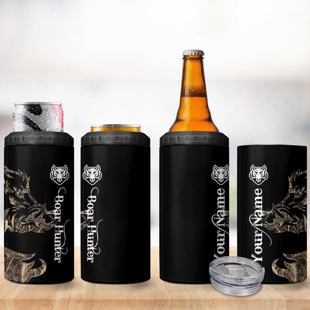 Personalized Boar Hunting Camouflage 4 in 1 Can Cooler Tumbler Wild Hog Silhouette and Black Tactical Camo - Wonder Print Shop