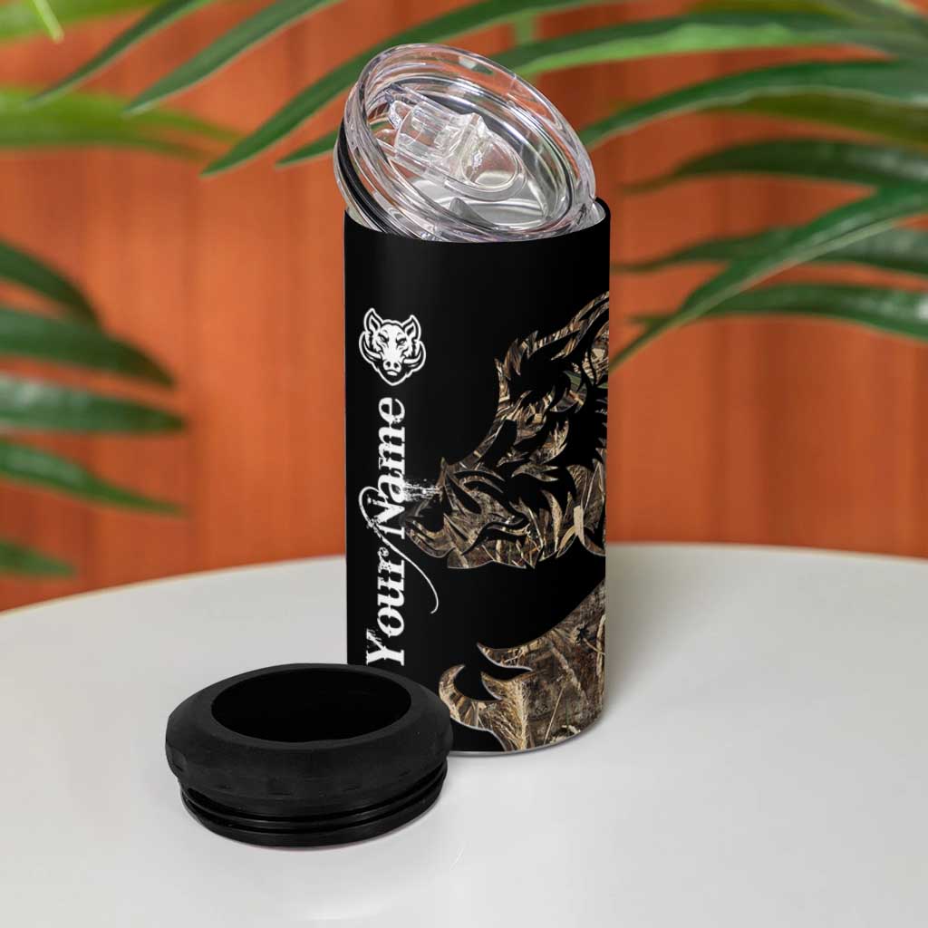 Personalized Boar Hunting Camouflage 4 in 1 Can Cooler Tumbler Wild Hog Silhouette and Black Tactical Camo - Wonder Print Shop