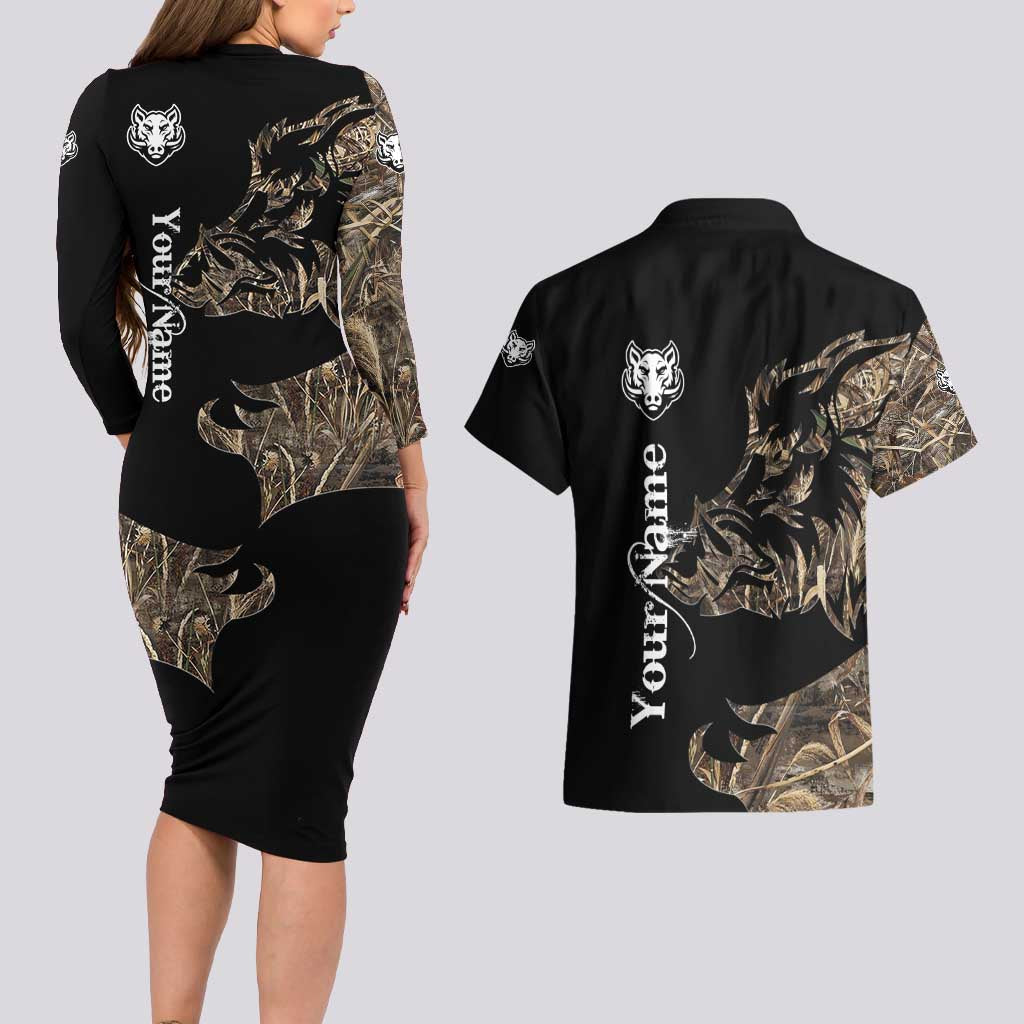 Personalized Boar Hunting Camouflage Couples Matching Long Sleeve Bodycon Dress and Hawaiian Shirt Wild Hog Silhouette and Black Tactical Camo - Wonder Print Shop