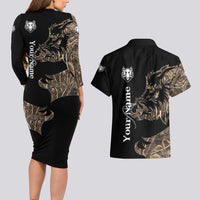 Personalized Boar Hunting Camouflage Couples Matching Long Sleeve Bodycon Dress and Hawaiian Shirt Wild Hog Silhouette and Black Tactical Camo - Wonder Print Shop