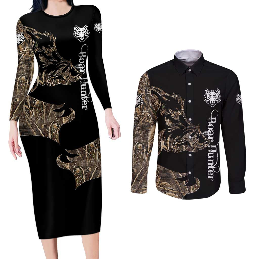 Personalized Boar Hunting Camouflage Couples Matching Long Sleeve Bodycon Dress and Long Sleeve Button Shirt Wild Hog Silhouette and Black Tactical Camo - Wonder Print Shop