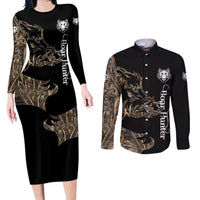 Personalized Boar Hunting Camouflage Couples Matching Long Sleeve Bodycon Dress and Long Sleeve Button Shirt Wild Hog Silhouette and Black Tactical Camo - Wonder Print Shop