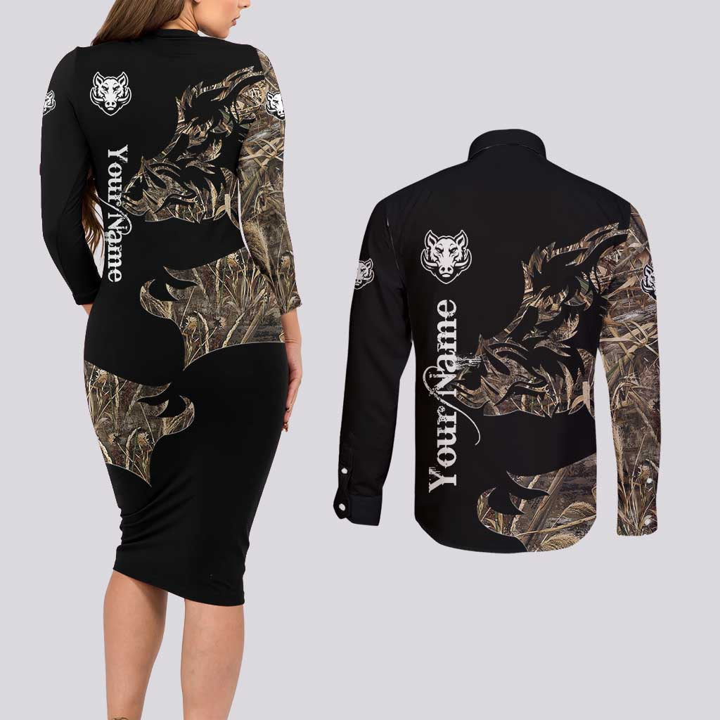 Personalized Boar Hunting Camouflage Couples Matching Long Sleeve Bodycon Dress and Long Sleeve Button Shirt Wild Hog Silhouette and Black Tactical Camo - Wonder Print Shop