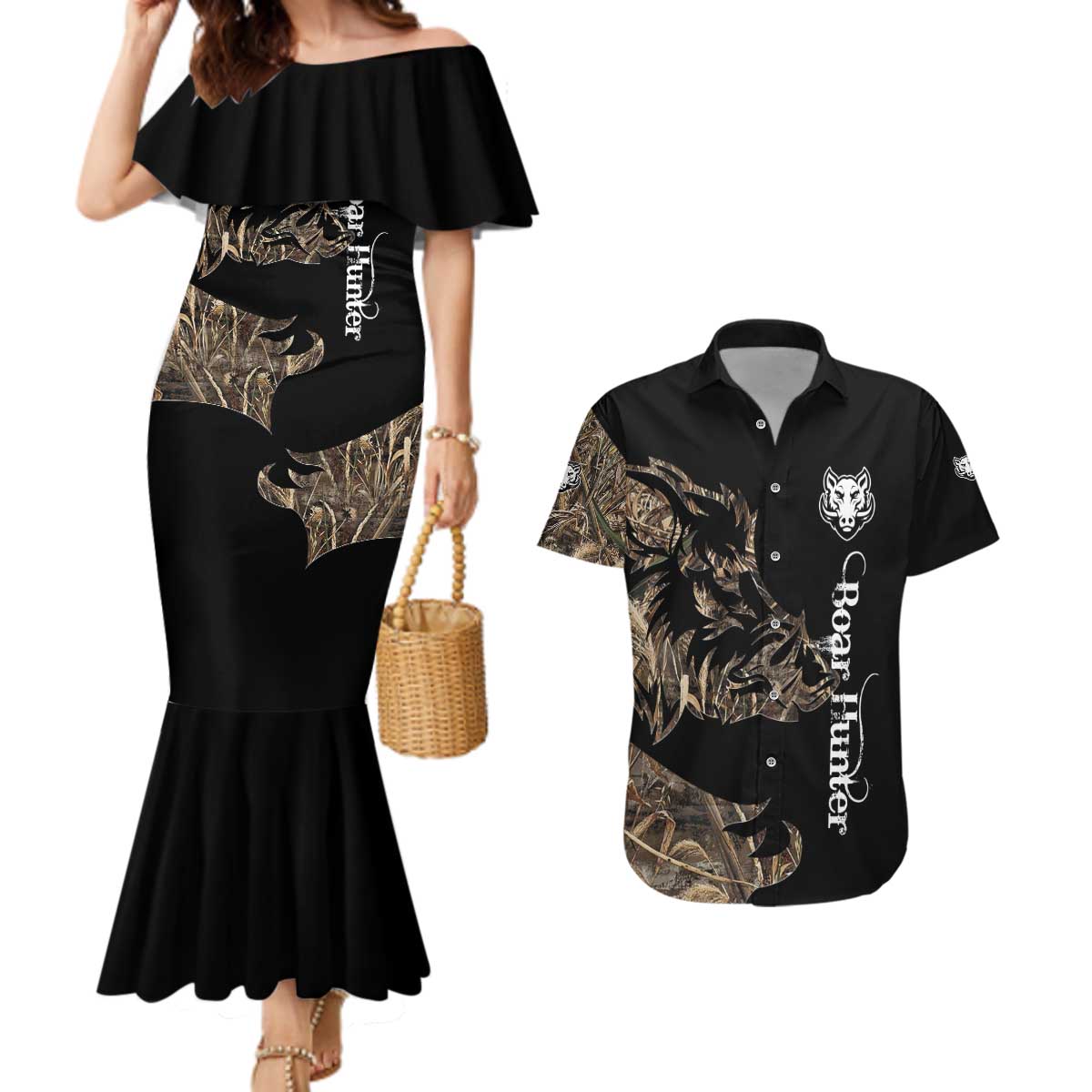 Personalized Boar Hunting Camouflage Couples Matching Mermaid Dress and Hawaiian Shirt Wild Hog Silhouette and Black Tactical Camo - Wonder Print Shop