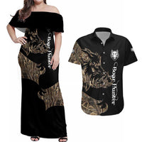 Personalized Boar Hunting Camouflage Couples Matching Off Shoulder Maxi Dress and Hawaiian Shirt Wild Hog Silhouette and Black Tactical Camo - Wonder Print Shop