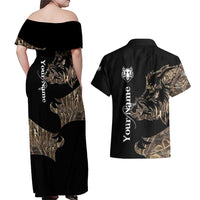 Personalized Boar Hunting Camouflage Couples Matching Off Shoulder Maxi Dress and Hawaiian Shirt Wild Hog Silhouette and Black Tactical Camo - Wonder Print Shop