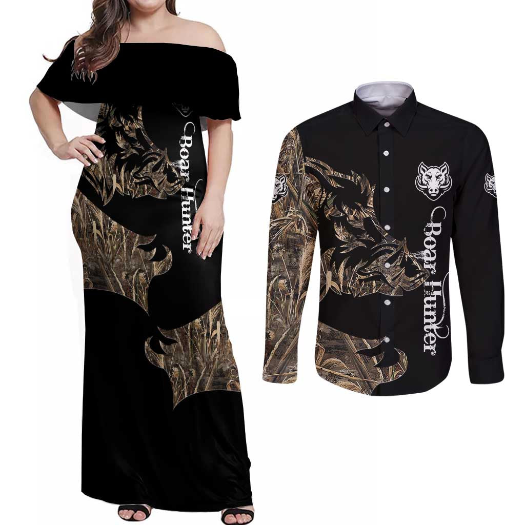 Personalized Boar Hunting Camouflage Couples Matching Off Shoulder Maxi Dress and Long Sleeve Button Shirt Wild Hog Silhouette and Black Tactical Camo - Wonder Print Shop