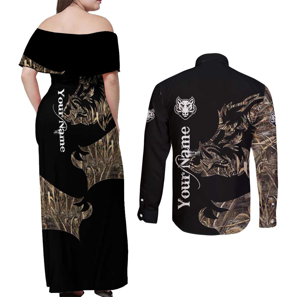 Personalized Boar Hunting Camouflage Couples Matching Off Shoulder Maxi Dress and Long Sleeve Button Shirt Wild Hog Silhouette and Black Tactical Camo - Wonder Print Shop