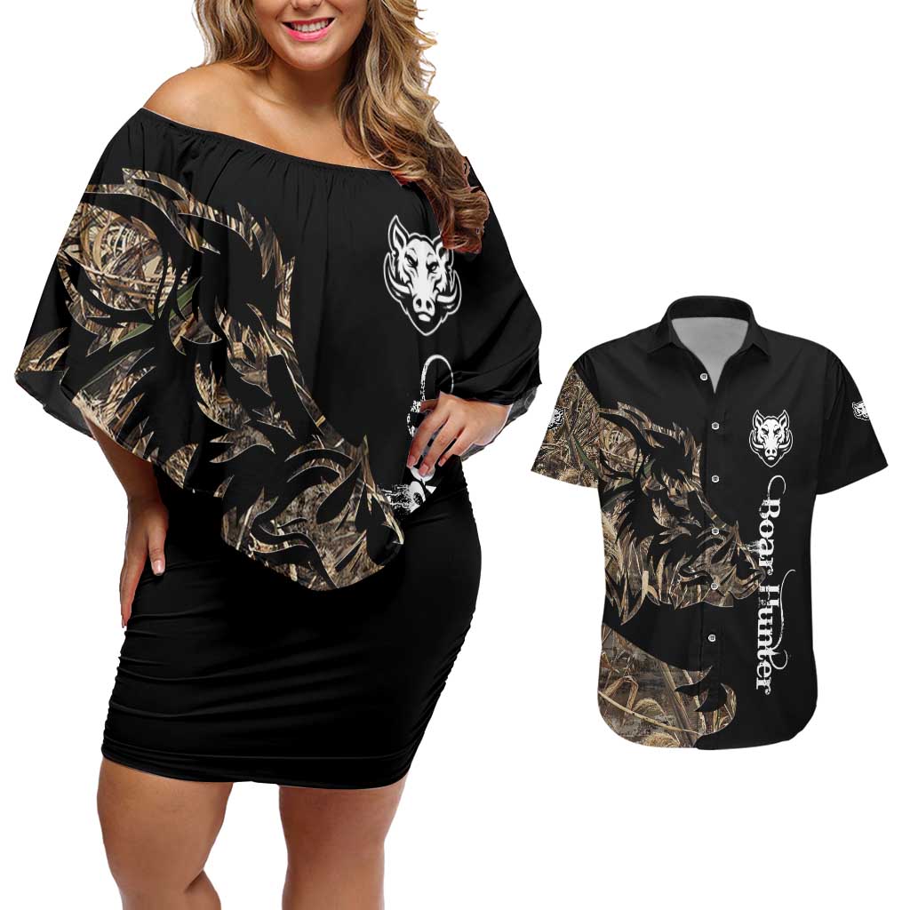 Personalized Boar Hunting Camouflage Couples Matching Off Shoulder Short Dress and Hawaiian Shirt Wild Hog Silhouette and Black Tactical Camo - Wonder Print Shop