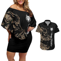 Personalized Boar Hunting Camouflage Couples Matching Off Shoulder Short Dress and Hawaiian Shirt Wild Hog Silhouette and Black Tactical Camo - Wonder Print Shop