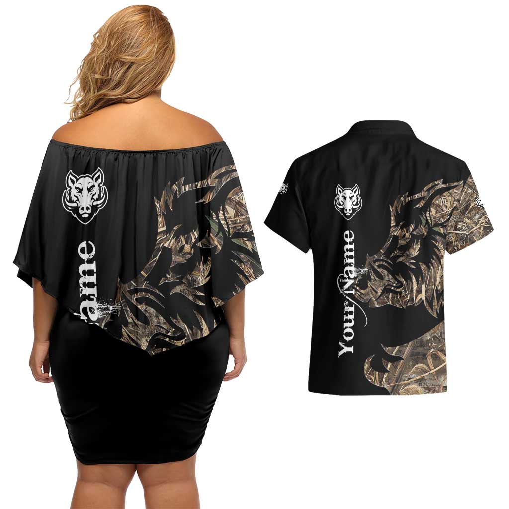 Personalized Boar Hunting Camouflage Couples Matching Off Shoulder Short Dress and Hawaiian Shirt Wild Hog Silhouette and Black Tactical Camo - Wonder Print Shop