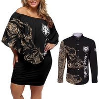 Personalized Boar Hunting Camouflage Couples Matching Off Shoulder Short Dress and Long Sleeve Button Shirt Wild Hog Silhouette and Black Tactical Camo - Wonder Print Shop