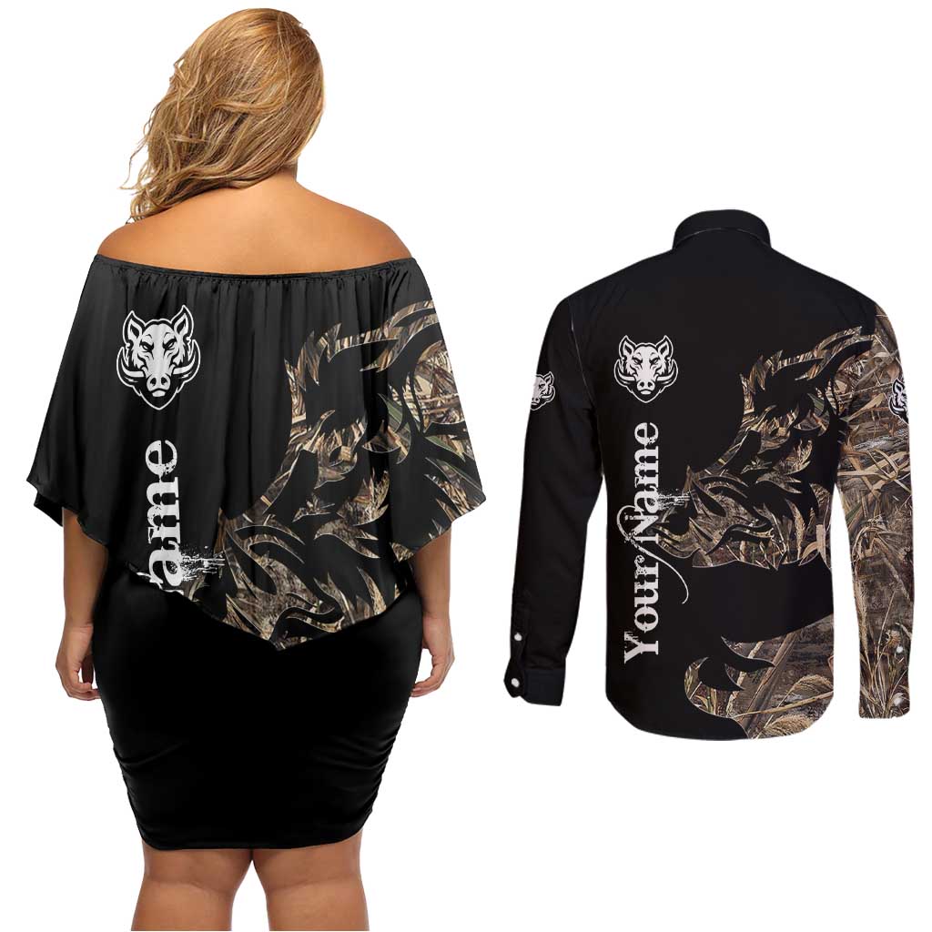 Personalized Boar Hunting Camouflage Couples Matching Off Shoulder Short Dress and Long Sleeve Button Shirt Wild Hog Silhouette and Black Tactical Camo - Wonder Print Shop