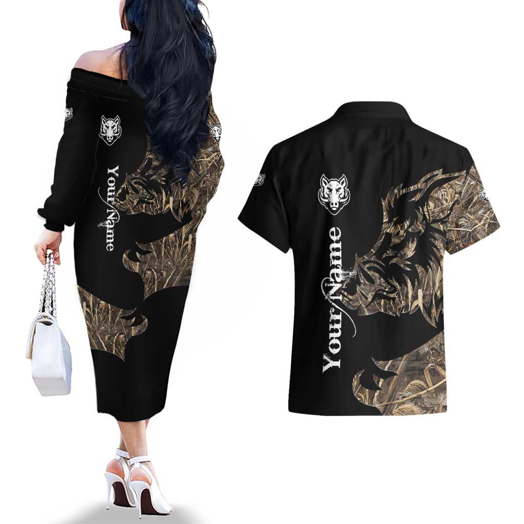 Personalized Boar Hunting Camouflage Couples Matching Off The Shoulder Long Sleeve Dress and Hawaiian Shirt Wild Hog Silhouette and Black Tactical Camo - Wonder Print Shop