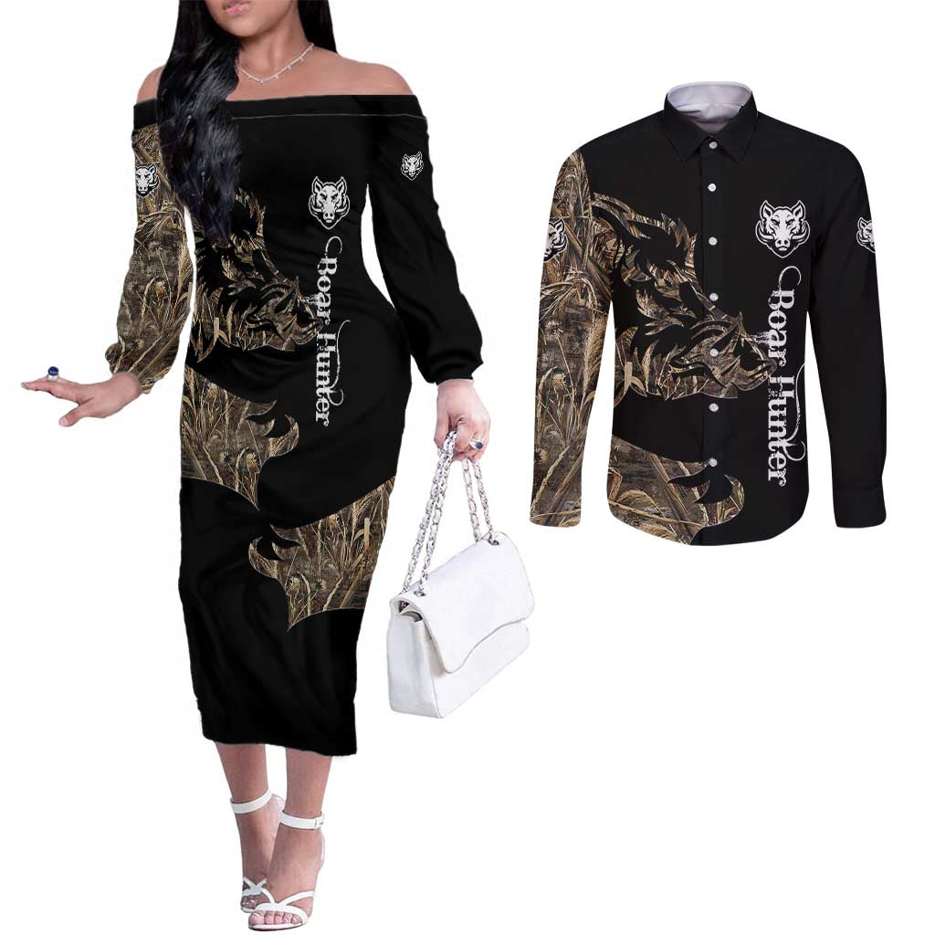 Personalized Boar Hunting Camouflage Couples Matching Off The Shoulder Long Sleeve Dress and Long Sleeve Button Shirt Wild Hog Silhouette and Black Tactical Camo - Wonder Print Shop