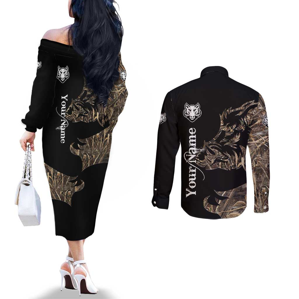 Personalized Boar Hunting Camouflage Couples Matching Off The Shoulder Long Sleeve Dress and Long Sleeve Button Shirt Wild Hog Silhouette and Black Tactical Camo - Wonder Print Shop