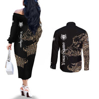 Personalized Boar Hunting Camouflage Couples Matching Off The Shoulder Long Sleeve Dress and Long Sleeve Button Shirt Wild Hog Silhouette and Black Tactical Camo - Wonder Print Shop