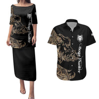 Personalized Boar Hunting Camouflage Couples Matching Puletasi and Hawaiian Shirt Wild Hog Silhouette and Black Tactical Camo - Wonder Print Shop