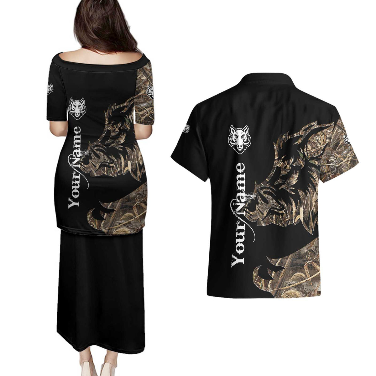 Personalized Boar Hunting Camouflage Couples Matching Puletasi and Hawaiian Shirt Wild Hog Silhouette and Black Tactical Camo - Wonder Print Shop