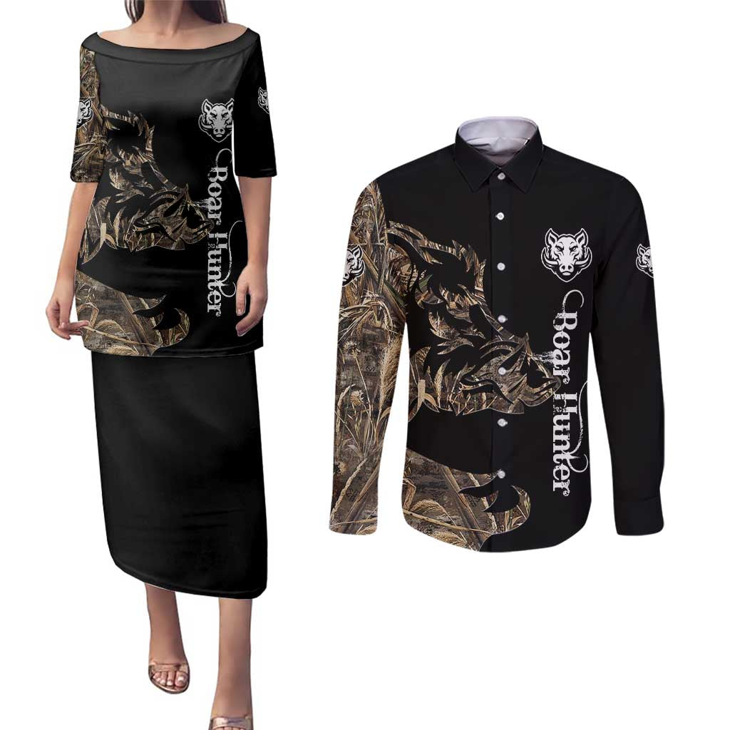 Personalized Boar Hunting Camouflage Couples Matching Puletasi and Long Sleeve Button Shirt Wild Hog Silhouette and Black Tactical Camo - Wonder Print Shop