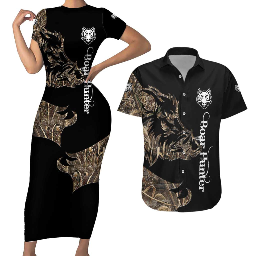 Personalized Boar Hunting Camouflage Couples Matching Short Sleeve Bodycon Dress and Hawaiian Shirt Wild Hog Silhouette and Black Tactical Camo - Wonder Print Shop