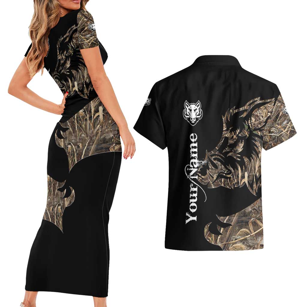 Personalized Boar Hunting Camouflage Couples Matching Short Sleeve Bodycon Dress and Hawaiian Shirt Wild Hog Silhouette and Black Tactical Camo - Wonder Print Shop